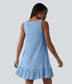 Robe courte décontractée sans manches à col rond, soutien-gorge intégré et ourlet à volants