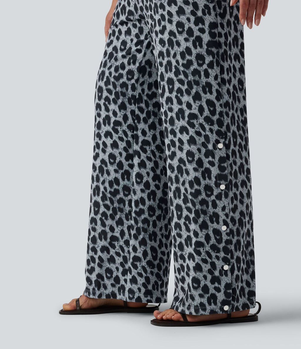 Pantalon large casual en maille gaufrée imprimé léopard taille mi-haute avec cordon de serrage et poches