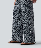 Pantalon large casual en maille gaufrée imprimé léopard taille mi-haute avec cordon de serrage et poches