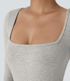 Bodysuit de Travail Tricot Côtelé Col Carré Manches Longues Boutonné Silhouette Élancée