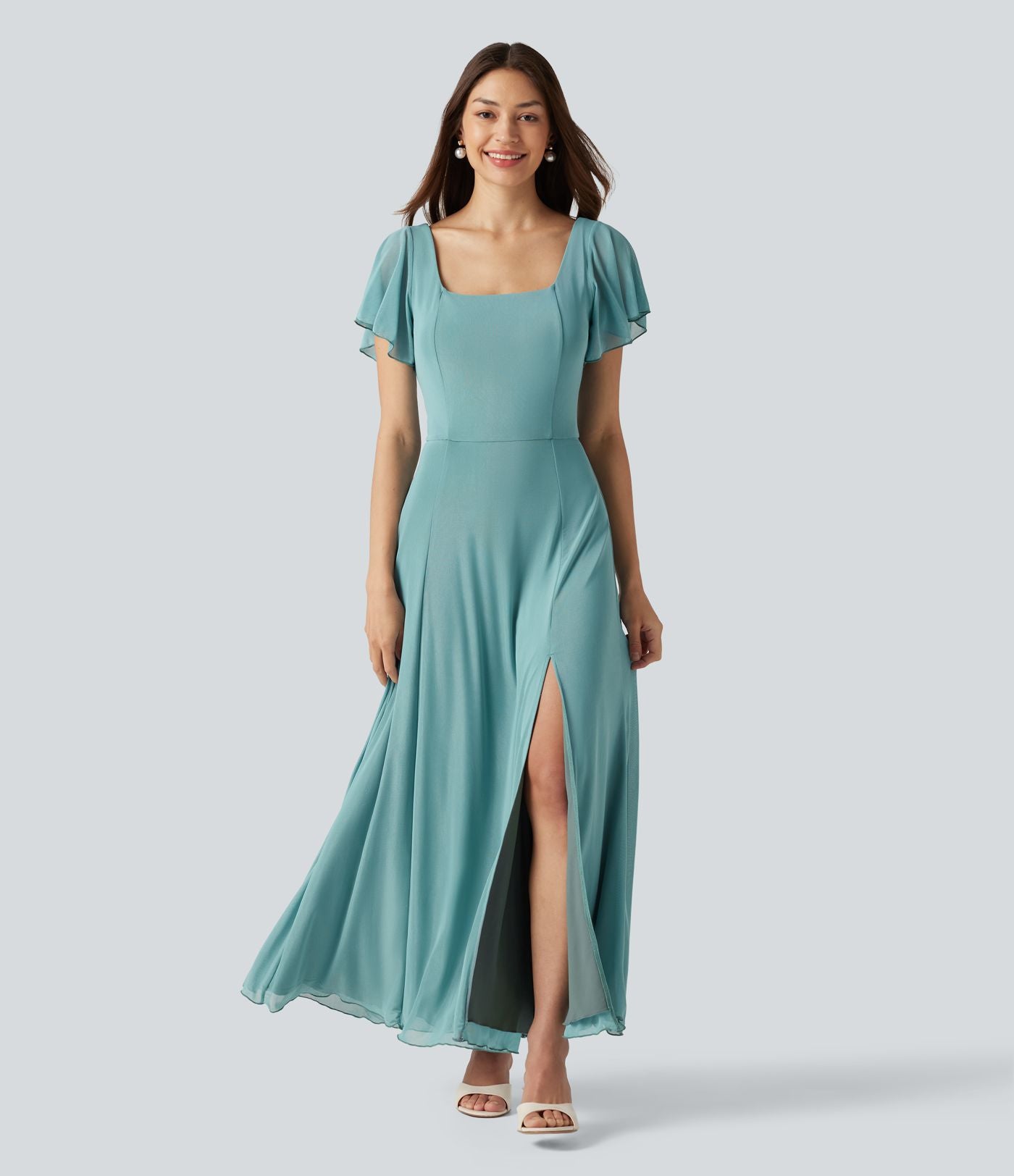 Robe maxi fluide col carré manches courtes soutien-gorge intégré dos noué
