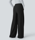 Halara Flex™ Pantalon Tailleur en tissu gaufré à taille haute, jambes larges, poches latérales et plis décoratifs