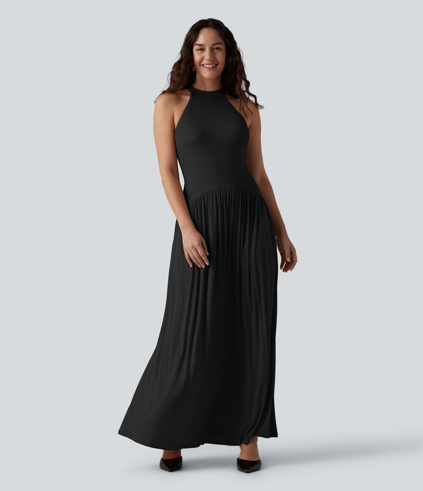 Robe longue côtelée à dos nageur, brassière intégrée et poches