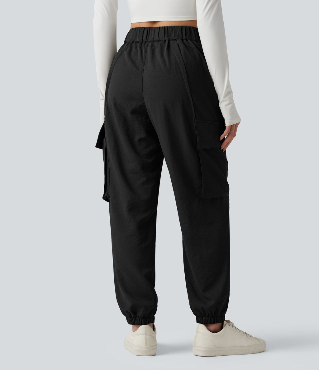 Jogging cargo décontracté, taille moyenne, à poches