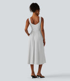Robe midi casual fluide à pois sans manches dos nu avec brassière intégrée croisée et poches - Bonnets DD-F