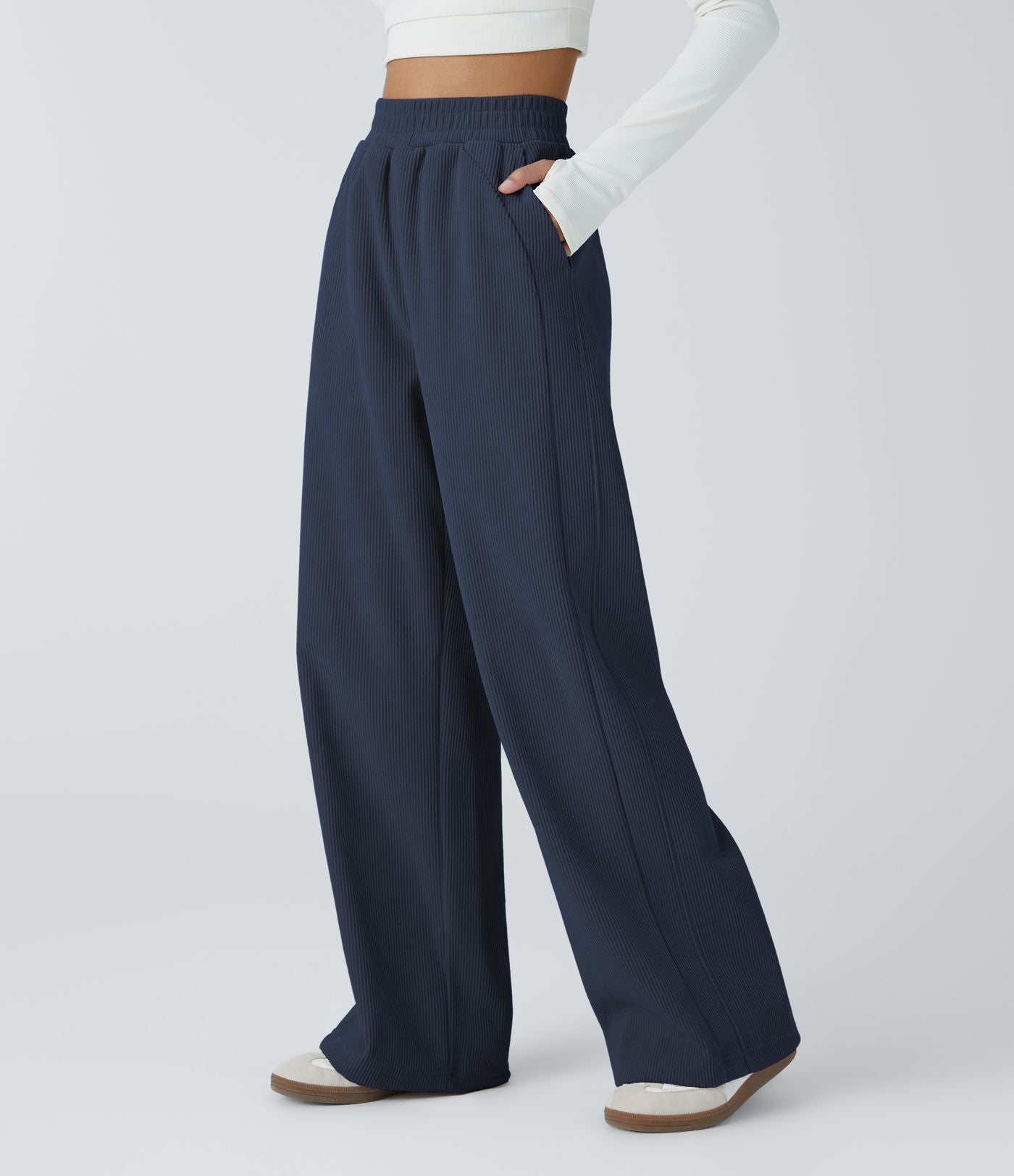 Pantalon velours côtelé de jogging décontracté à taille haute avec poches latérales