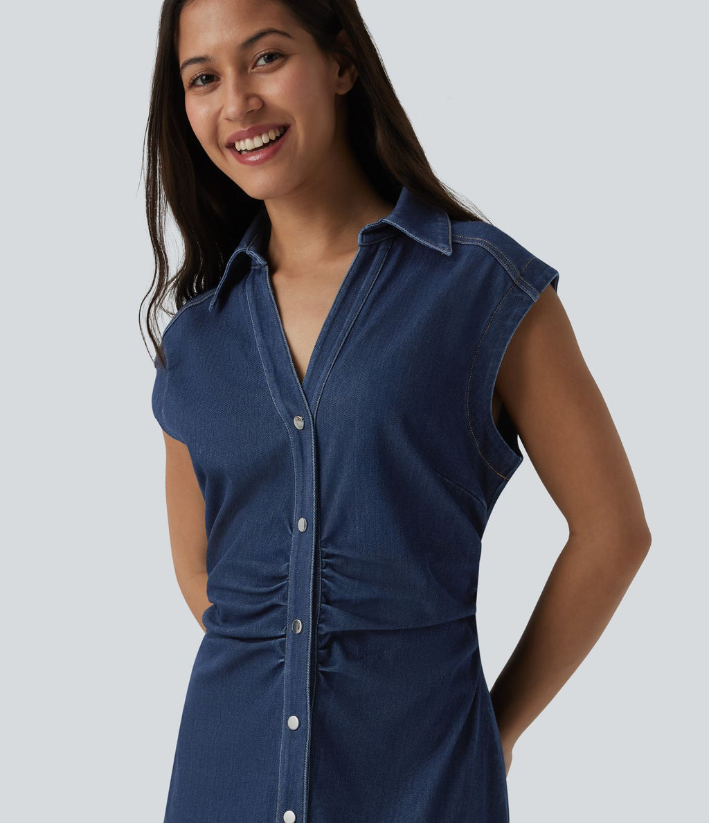 Halara Flex™ Robe décontractée en jean midi col V sans manches froncée avec boutonnière