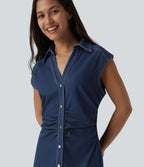 Halara Flex™ Robe décontractée en jean midi col V sans manches froncée avec boutonnière