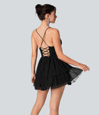 Robe Soirée Mini Superpositions en Maille avec Dos Nu Croisé Lacets