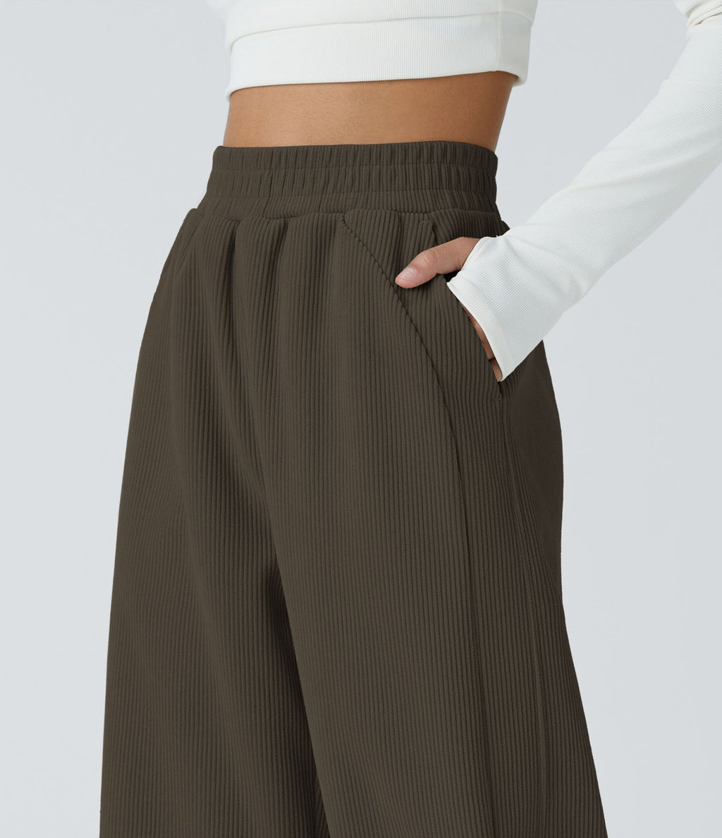 Pantalon velours côtelé de jogging décontracté à taille haute avec poches latérales