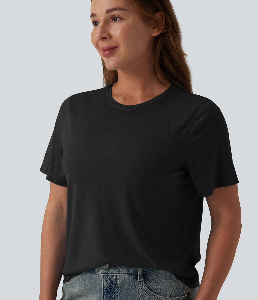 T-shirt décontracté ample à col rond et manches courtes en laine mélangée