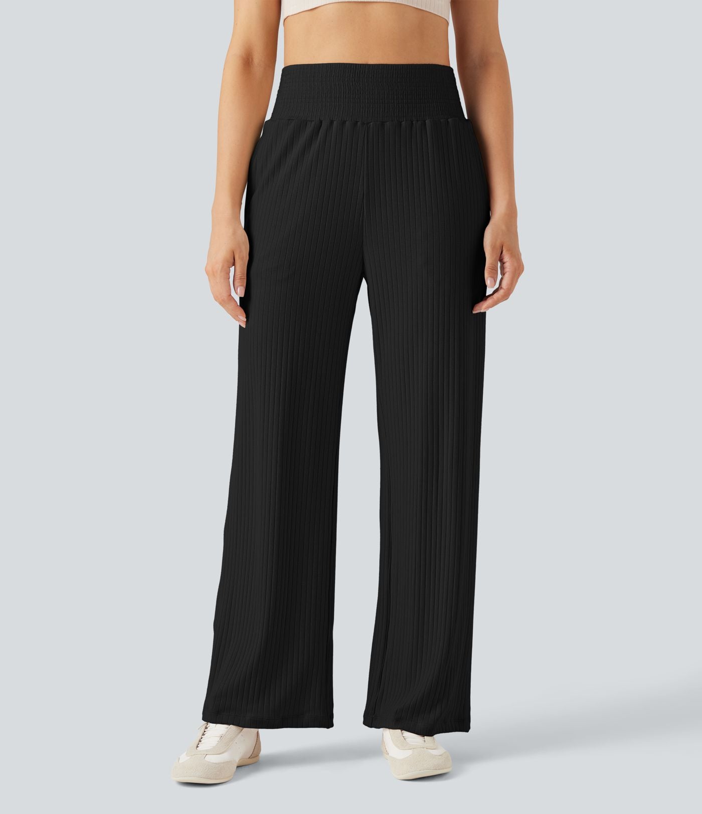 Pantalon décontracté maille côtelée taille haute avec poches