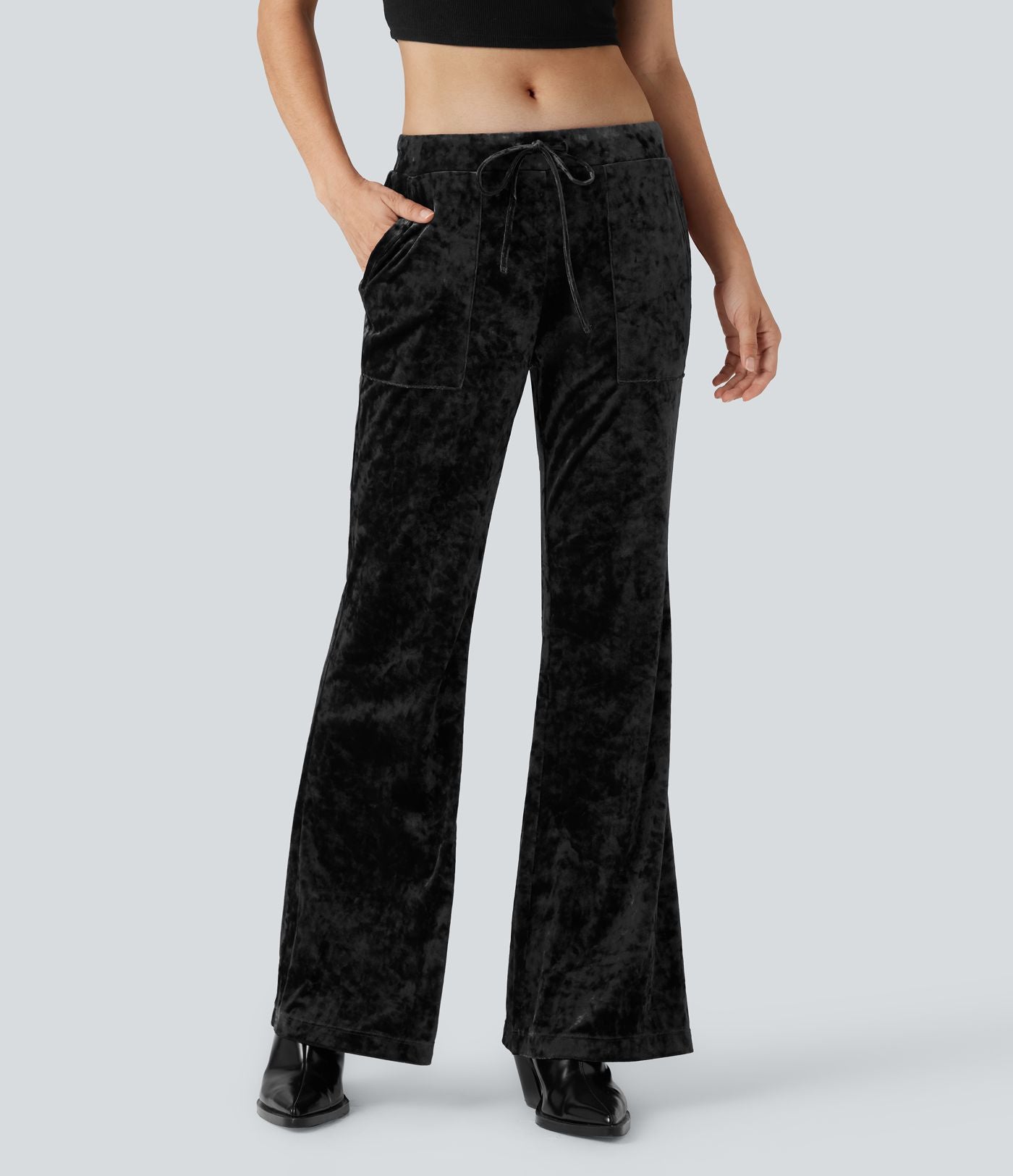 Pantalon évasé velours taille basse avec cordon de serrage et poches