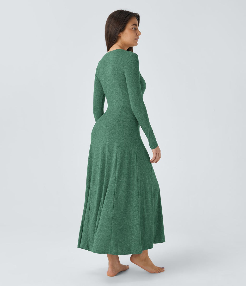 Robe de Casual Maxi Manches Longues Évasées et Boutons au Col Rond
