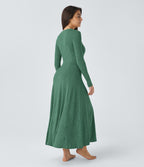 Robe de Casual Maxi Manches Longues Évasées et Boutons au Col Rond