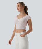 T-shirt casual court col cœur manches courtes en dentelle