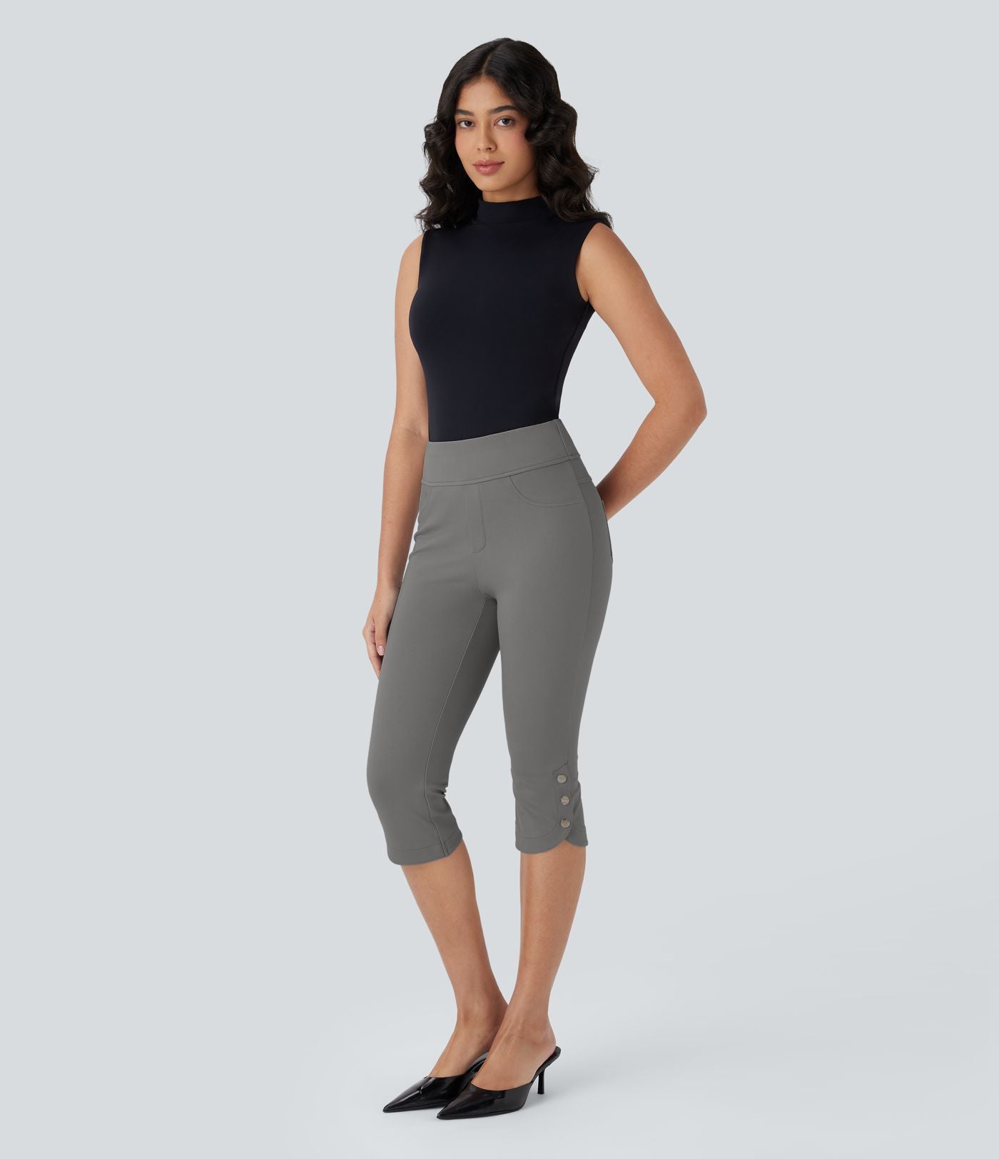 Pantalon Corsaire de Costume Taille Haute avec Poches Arrière et Boutons Pression
