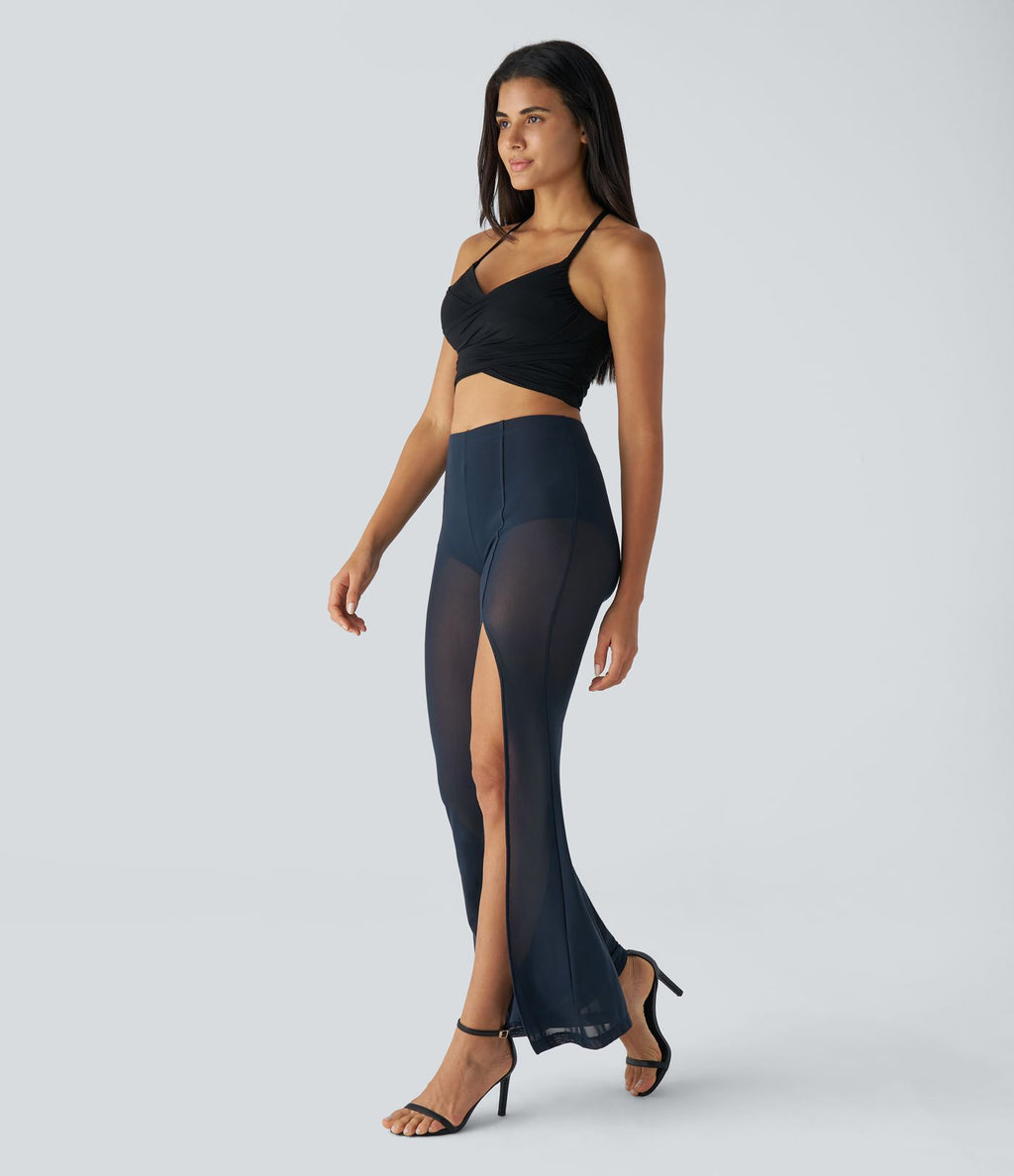 Pantalon Casual Évasé en Maille Taille Haute Fente Haute 2 en 1