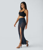 Pantalon Casual Évasé en Maille Taille Haute Fente Haute 2 en 1