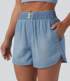 Short en jean décontracté taille mi-haute en lyocell drapé, 9 cm, avec poches