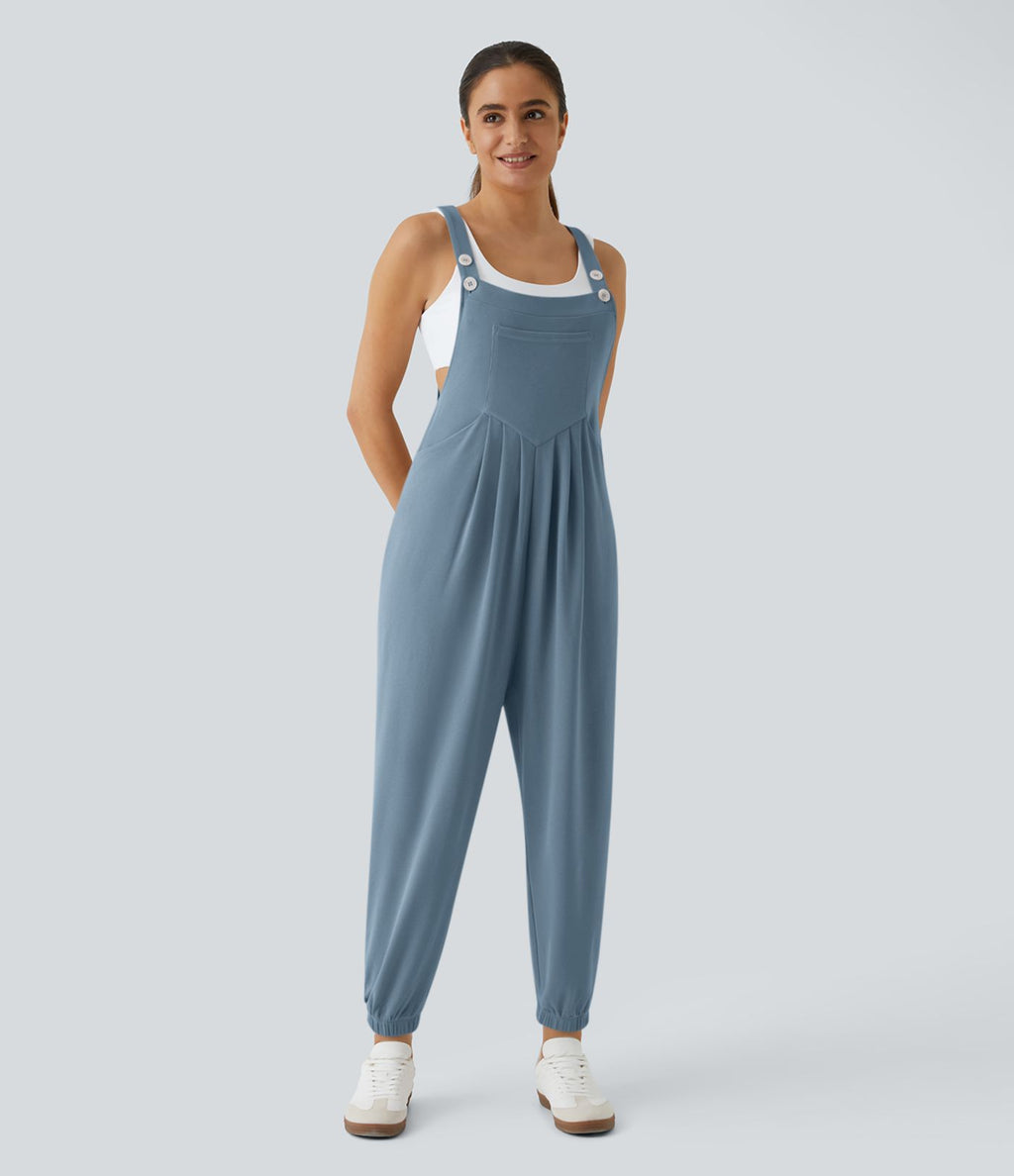 Salopette Casual Bretelles Ajustables Boutonnés Multiples Poches Plis et Tissu Gaufré
