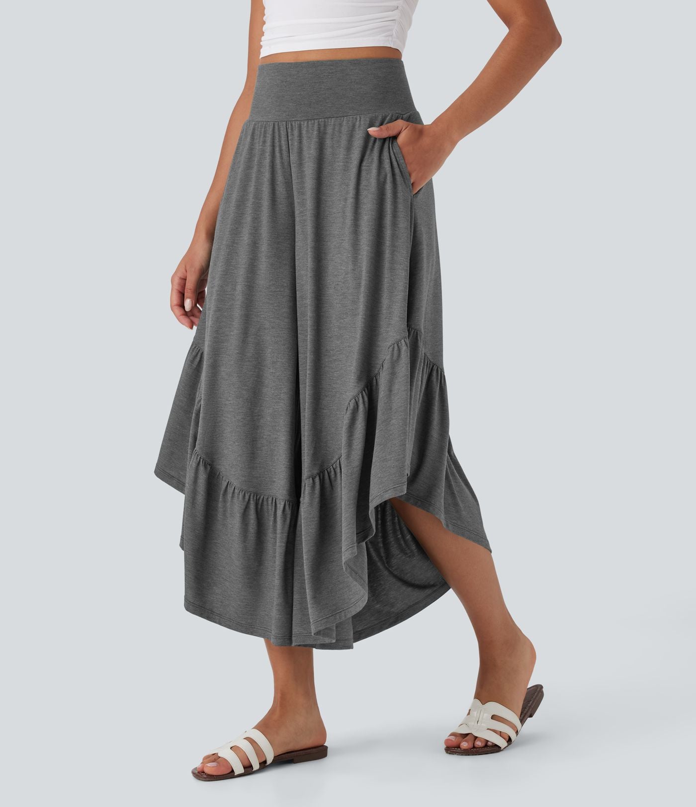 Pantalon décontracté super évasé taille haute avec ourlet à volants et poches