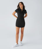Robe Golf Sport Mini à Manches Courtes Boutonnées avec Col Ourlet Courbé et Poches Latérales