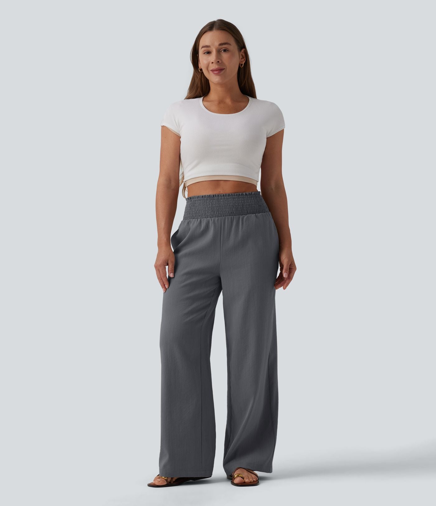 Pantalon large décontracté froncé taille haute aspect lin avec poches