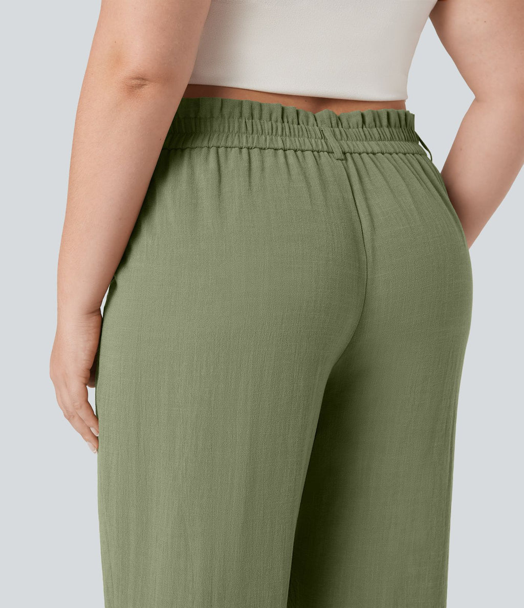 Pantalon de villégiature capri effet lin, grande taille, taille haute, avec poches