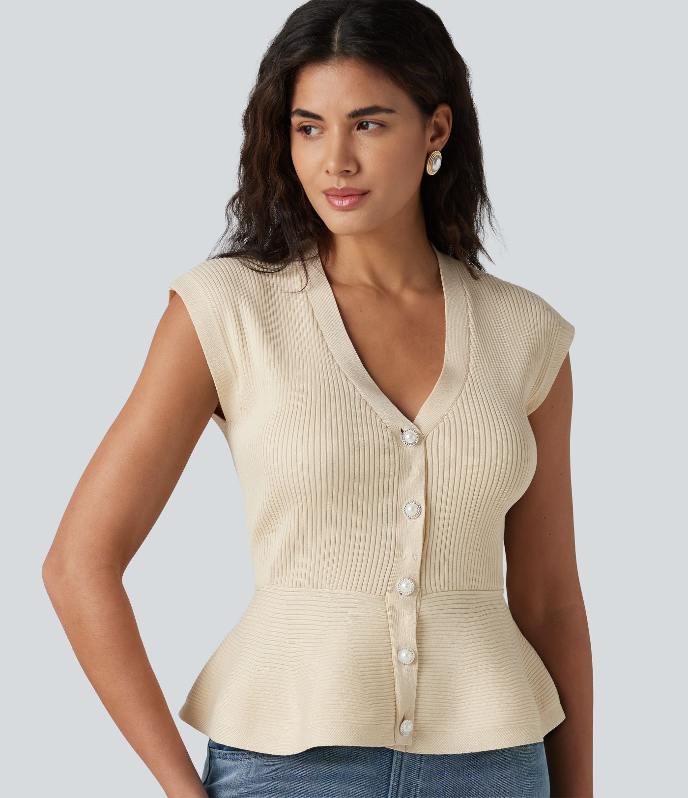 Cardigan péplum col V sans manches