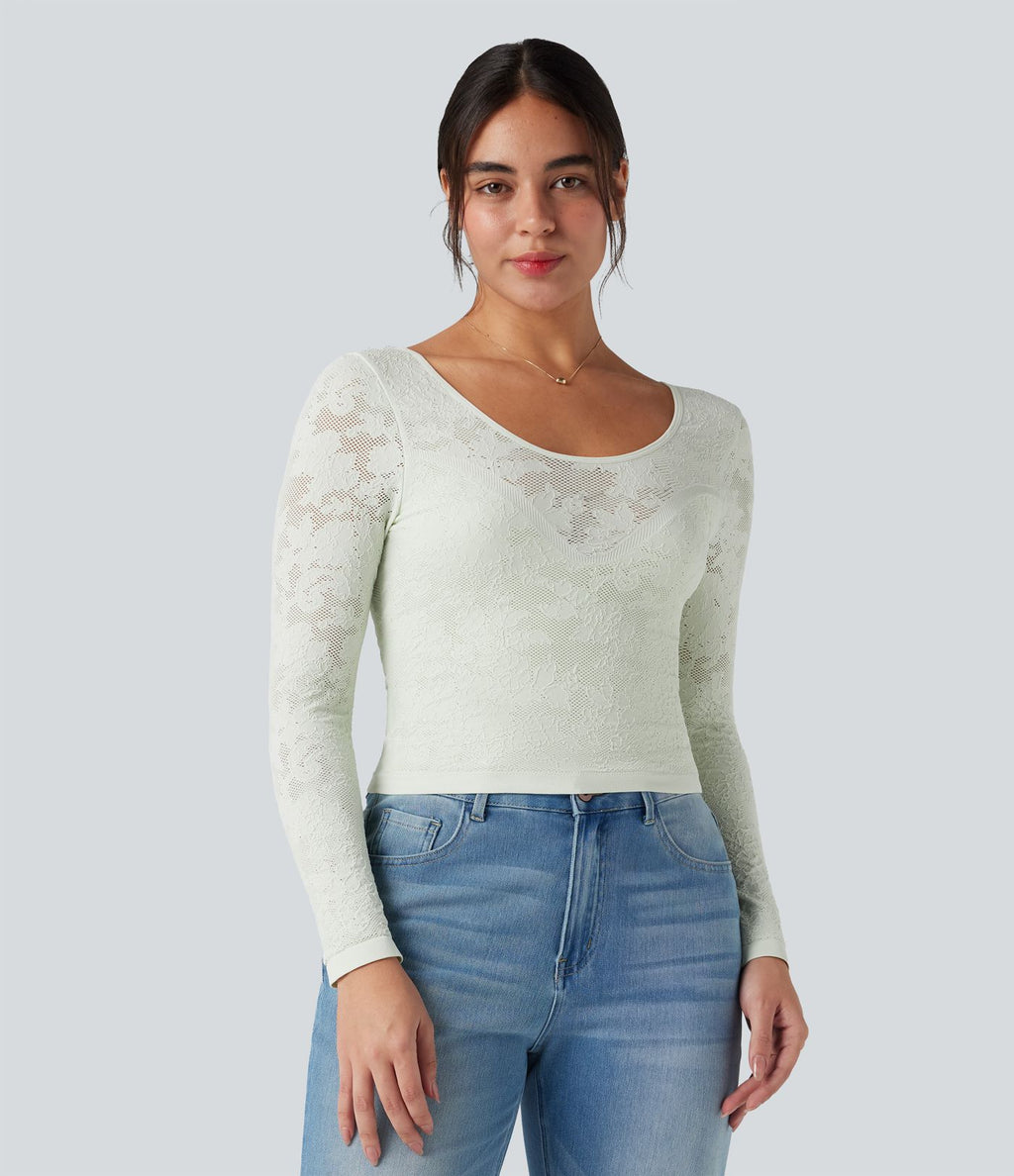 Haut de sport col U dos nu jacquard à manches longues sans couture OneForm Seamless Flow
