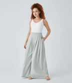Pantalon décontracté palazzo en maille gaufrée, fluide, large, plissé, taille haute, avec poches