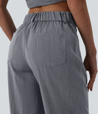 Pantalon large casual taille haute croisée aspect lin avec poches