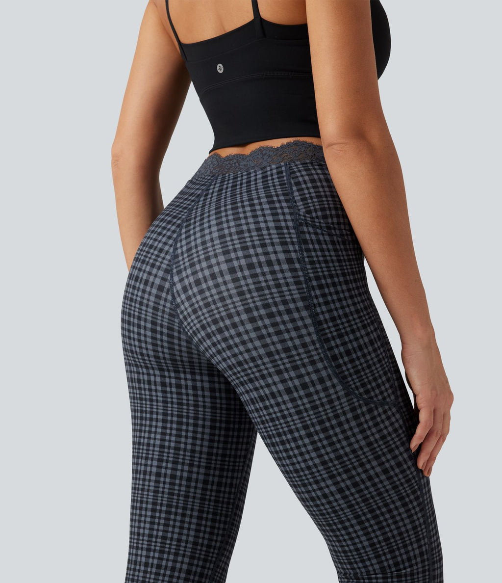 Legging yoga flare Halara UltraSculpt™ taille haute en V à motif tartan avec dentelle contrastée et poches