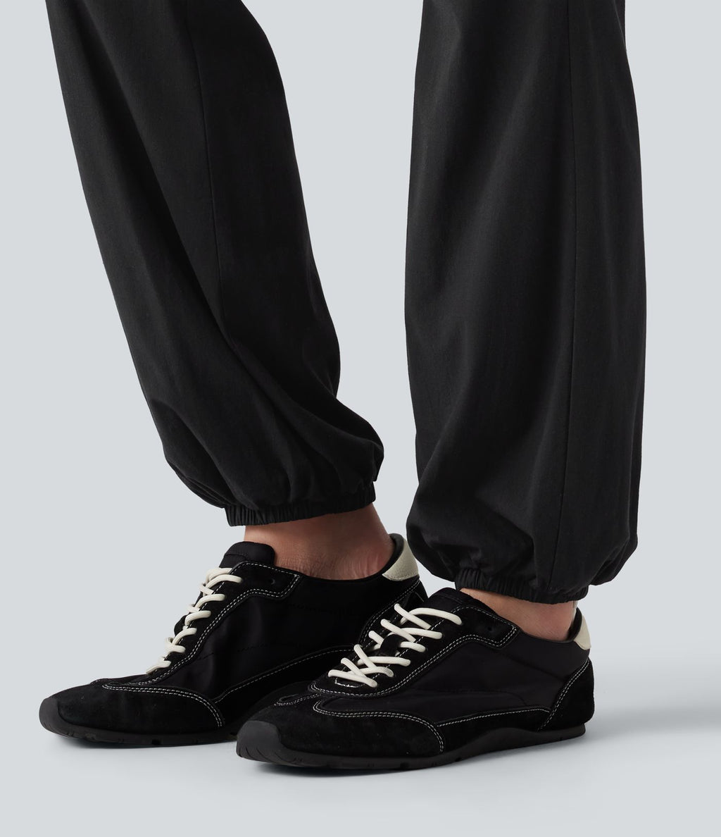 Jogging bouffant casual en lin extensible à taille haute croisée avec poches