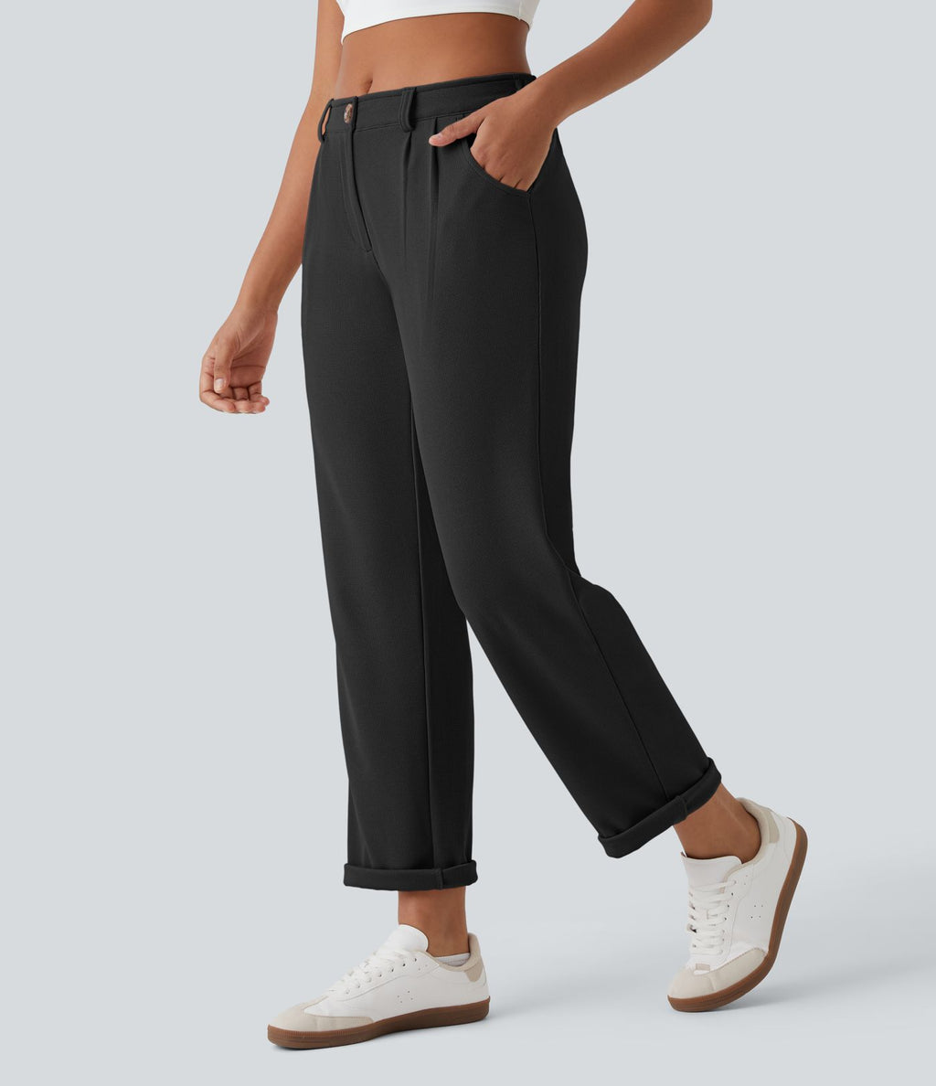 Pantalon casual taille mi-haute en maille gaufrée avec poche zippée