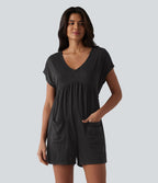 Combishort décontracté col V dos drapé manches courtes en jersey chiné avec poches - Easy Peasy
