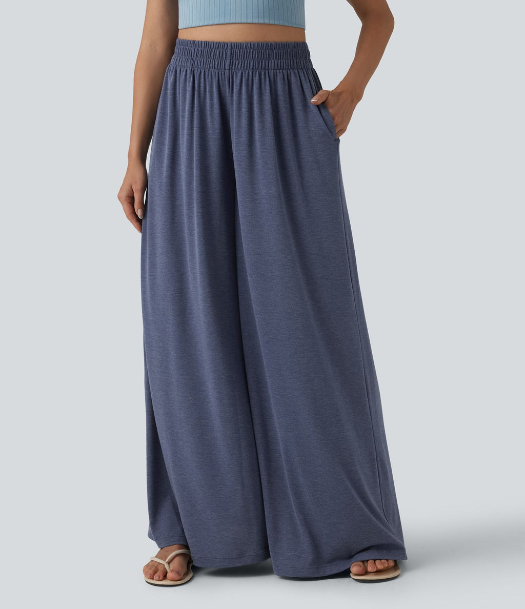 Pantalon large fluide chiné resort taille haute avec poches