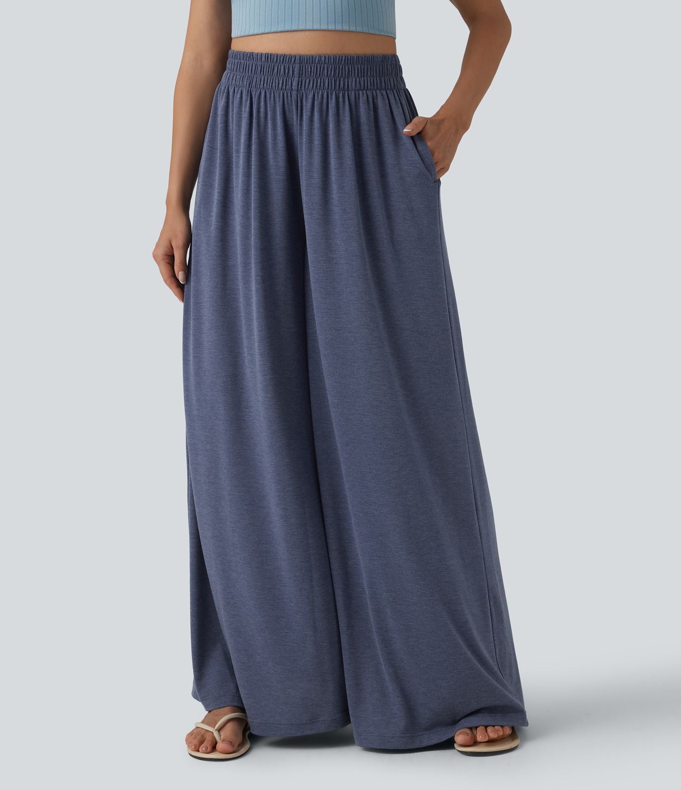 Pantalon large fluide chiné resort taille haute avec poches