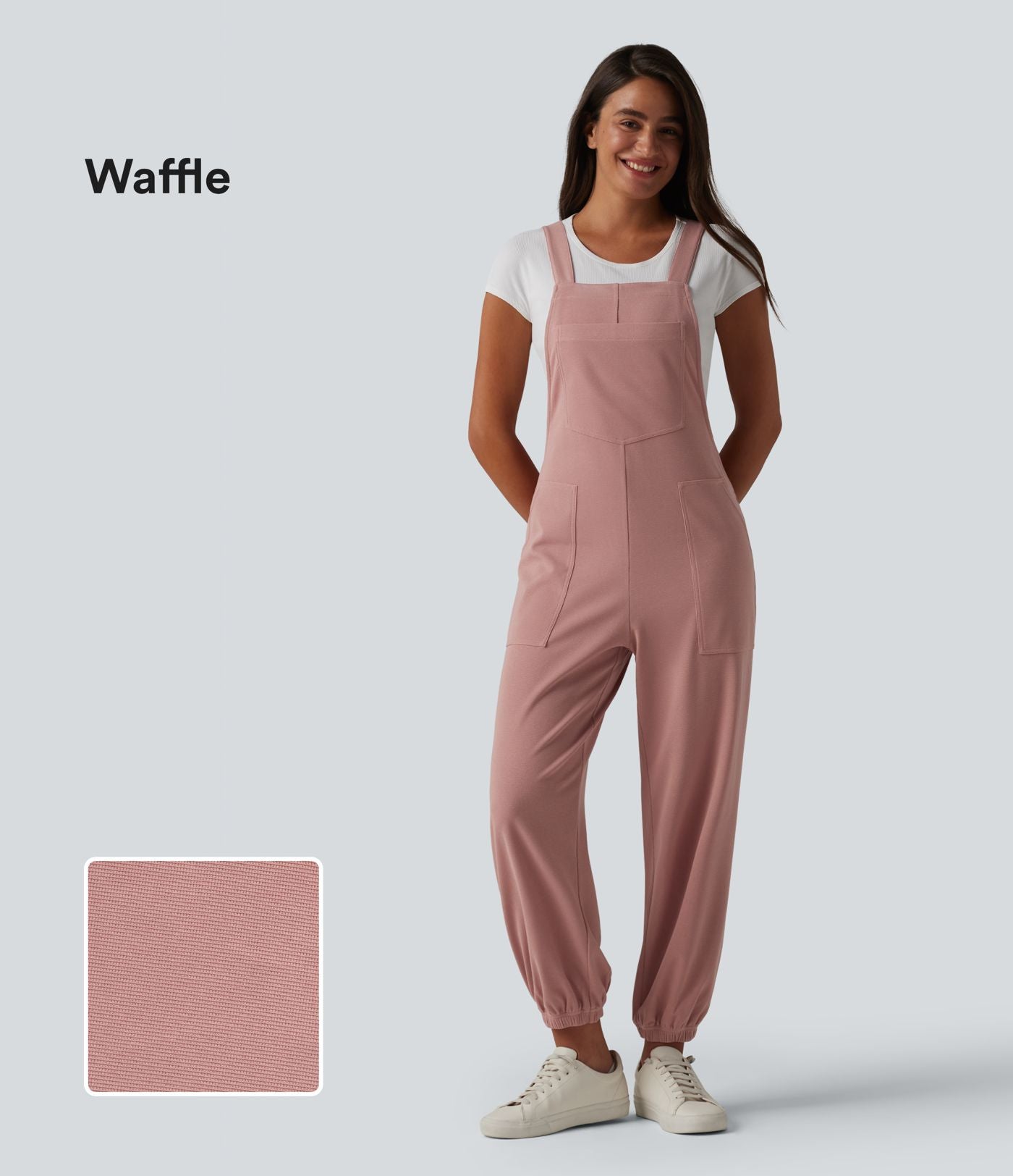 Salopette casual fuselée col carré en tissu gaufré avec poches