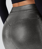 Jogging en simili SoftlyZero™ taille haute, effet sparkle métallisé, extensible avec poches