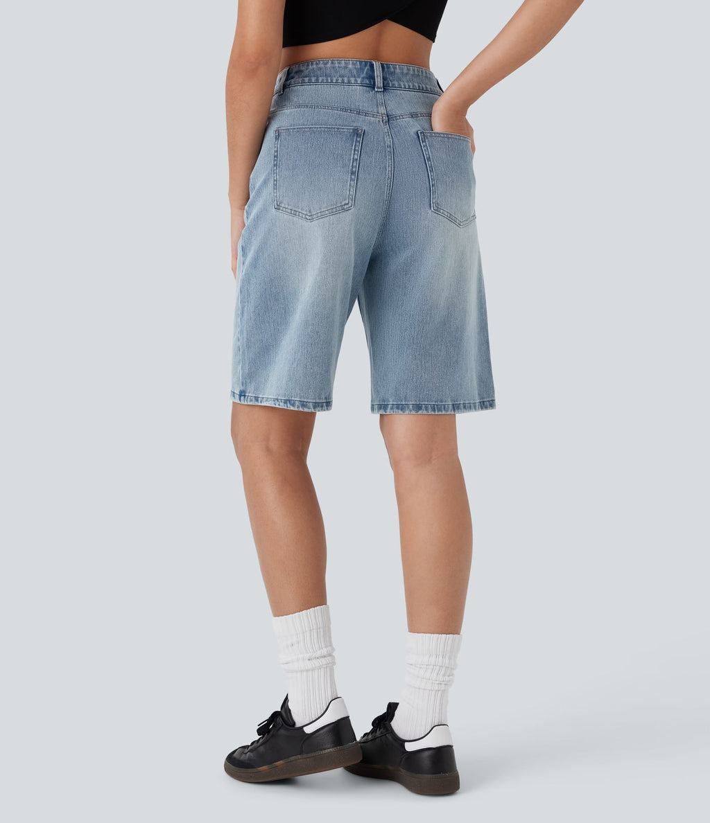Bermuda en jean délavé Halara Flex™ taille haute à poches multiples
