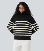 Pull décontracté color block rayé col revers demi-fermeture éclair