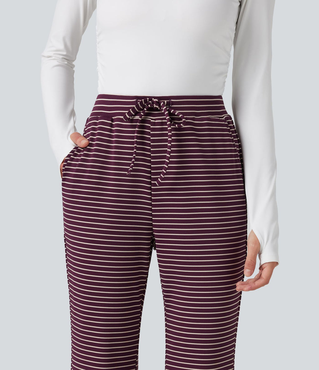 Pantalon décontracté à rayures en maille côtelée, taille mi-haute, cordon de serrage et coupe bootcut, avec poches