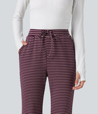 Pantalon décontracté à rayures en maille côtelée, taille mi-haute, cordon de serrage et coupe bootcut, avec poches