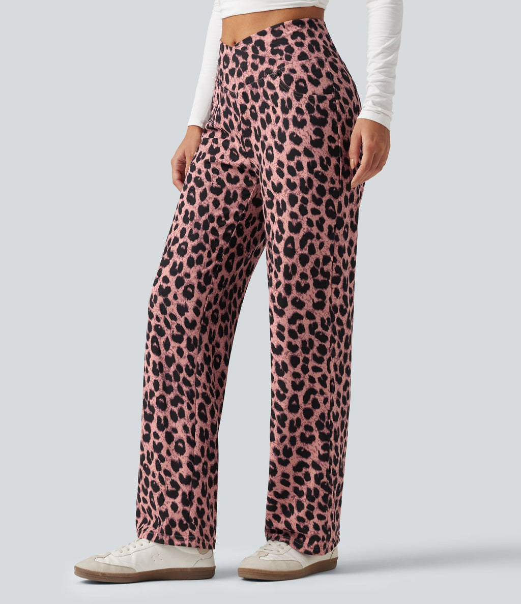 Pantalon large décontracté taille haute croisé imprimé léopard en tissu gaufré avec poches