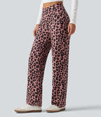 Pantalon large décontracté taille haute croisé imprimé léopard en tissu gaufré avec poches