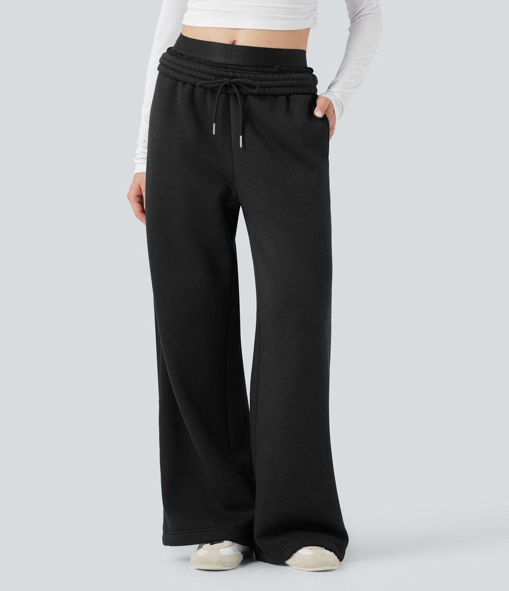 Pantalon jogging en coton molleton large taille haute avec cordon et poches