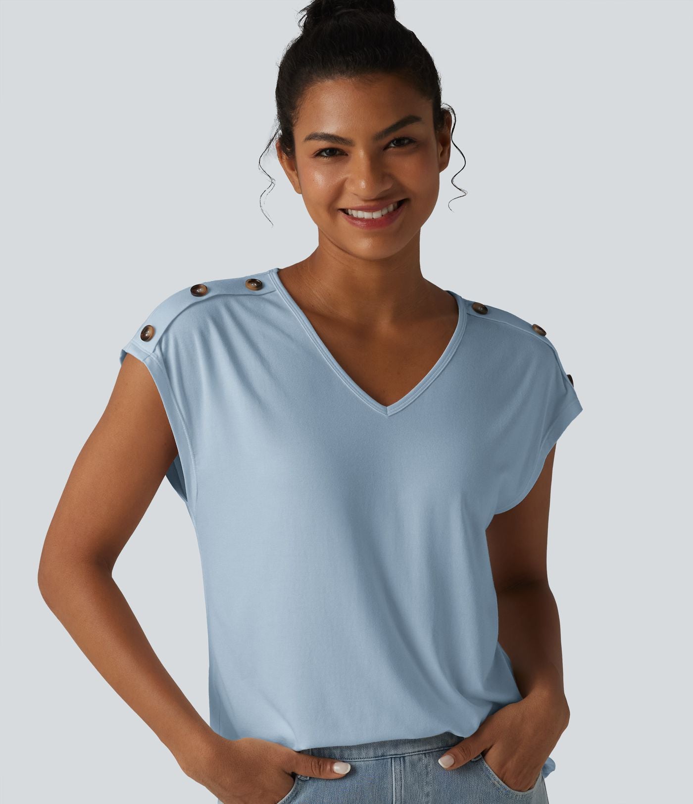 T-shirt décontracté col V manches courtes boutons décoratifs