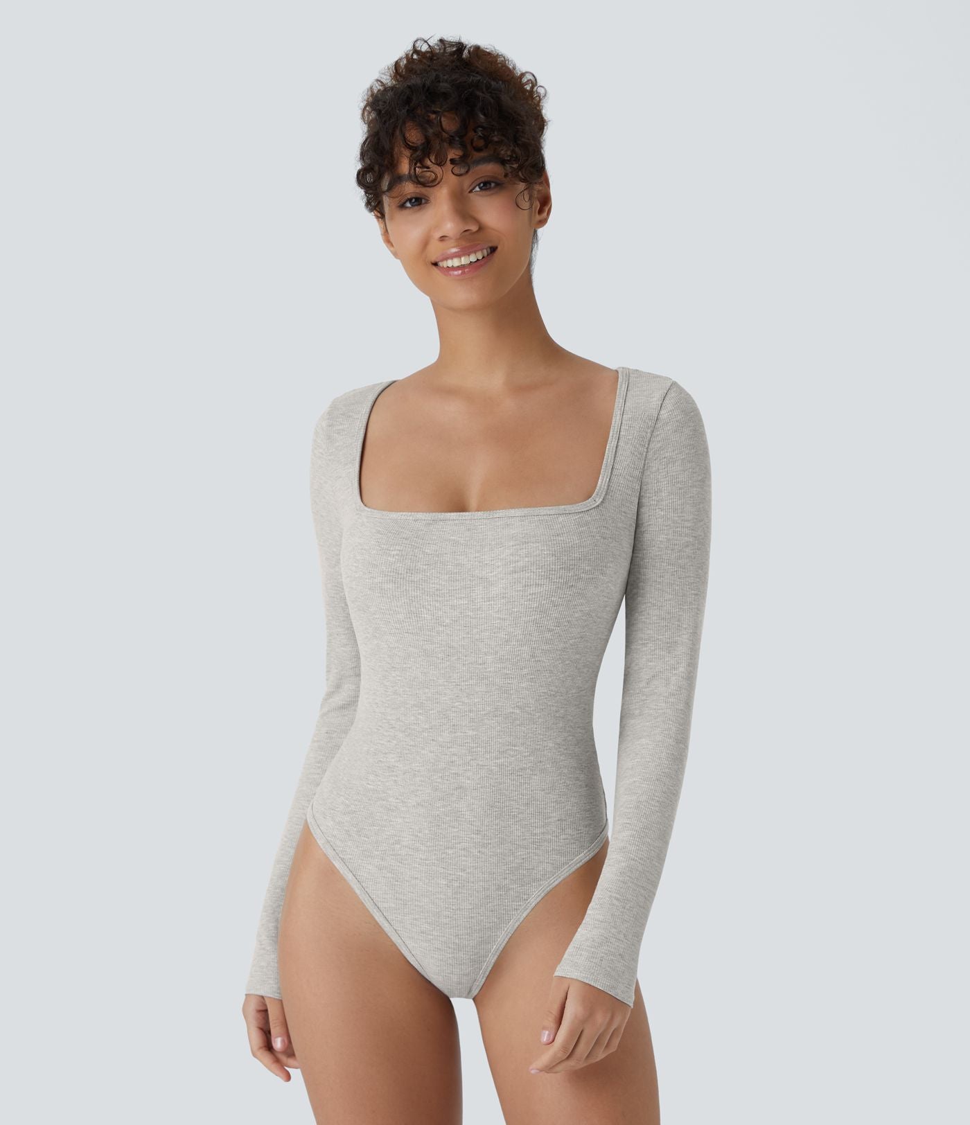 Bodysuit de Travail Tricot Côtelé Col Carré Manches Longues Boutonné Silhouette Élancée